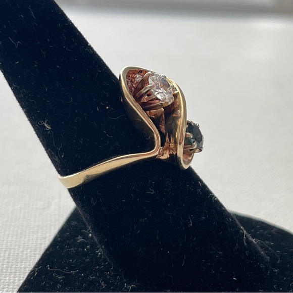 Vintage 14kt Gold European Cut Diamond & Blue Diamond Sz 7.75 Toi Et Moi Ring - Picture 8 of 11